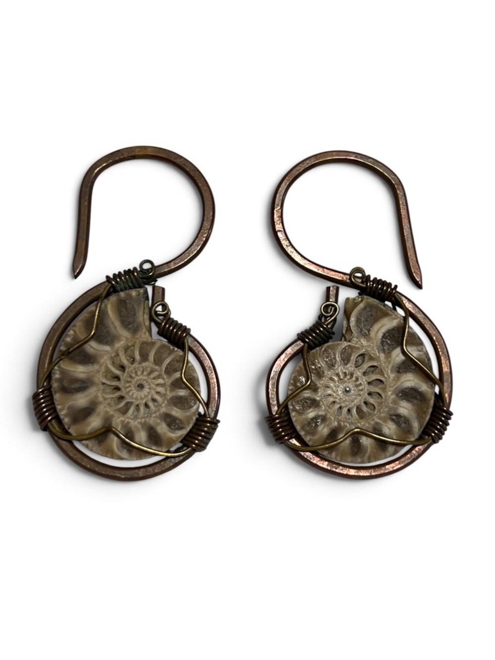 Handmade Ammonite Fossil Copper Wire Wrapped Ear Weights